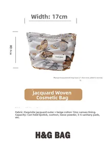Detailed view of butterfly jacquard makeup bag with gold floral zipper and size dimensions
