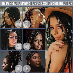 Collage of diverse silver hollow metal dreadlock rings and hair jewelry for DIY hair braiding