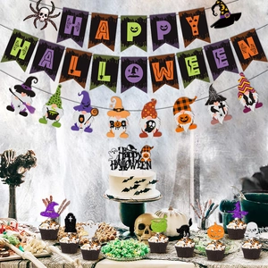 Halloween party decoration set with Happy Halloween banners and ghost gnome cake toppers