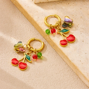 Fashionable gold stainless steel hoop earrings with cherry, butterfly and shell charms