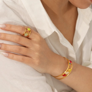 French vintage stainless steel jewelry set with multi-colored natural stones on model
