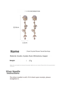 Detail view of long floral tassel earrings with purple crystals and pearl accents