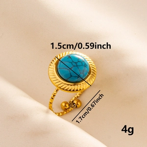 Adjustable golden stainless steel ring with turquoise stone and twisted rope band details