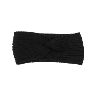 Close-up of black cable knit winter headband with twist knot detail and warm fleece lining