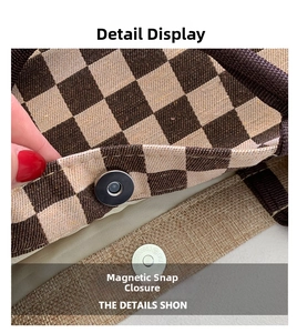 Detail shot of the magnetic snap closure on a checkered linen tote bag for moms