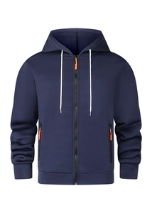 Detail of navy hoodie showing white drawstrings and vibrant orange zipper pulls