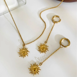 Retro 18K gold plated stainless steel sun pendant necklace and stud earrings set
