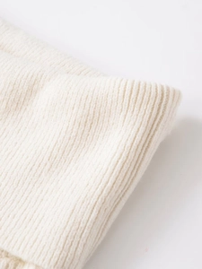 Detailed close-up of the chunky vertical rib-knit texture on a white knit sweater