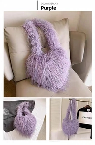 Detailed views of a fluffy purple faux fur shoulder bag with soft plush texture