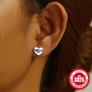 925 sterling silver MOM heart stud earrings with sparkling red gemstone for women