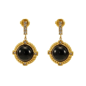 Boucles d'oreilles vintage plaquées or avec pierre noire et accents de zircone brillants