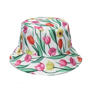 White cotton bucket hat with colorful tulip flower prints for sun protection in summer