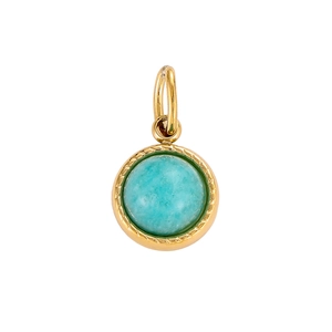 Golden round pendant with turquoise gemstone and twisted rope edge for DIY necklaces