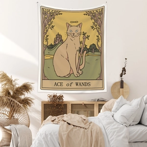 Detailed macro view of Ace of Wands cat tarot tapestry hanging on a cozy bedroom wall