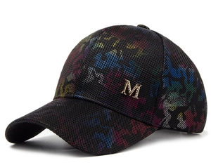 Detail of breathable mesh baseball cap with metallic rhinestone gold M logo on the side
