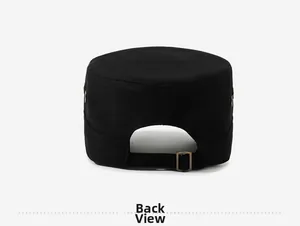 Detail of adjustable metal buckle and copper hardware on black flat top military cap