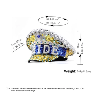Detailed size chart for blue sequin BRIDE captain hat with rhinestone pearls
