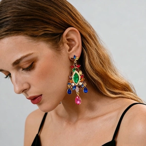 Vintage court style chandelier earrings with colorful rhinestones and teardrop pendants