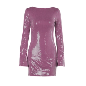 Elegant purple sequined bodycon mini dress with long sleeves and off-shoulder design
