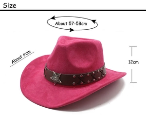 Detail view of pink suede cowboy hat with star badge and size measurements displayed