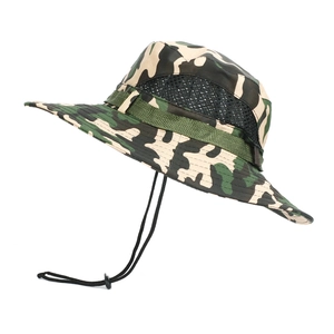 Detail of camouflage outdoor fishing hat with breathable mesh and adjustable windproof cord