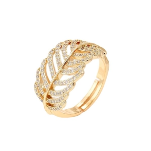 Elegant gold plated leaf ring with cubic zirconia micro-inlay and adjustable open design