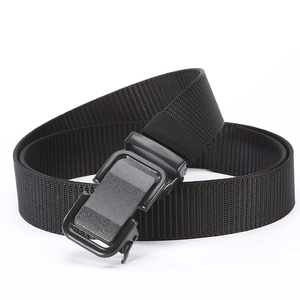 Black nylon tactical belt for men with durable quick-release metal buckle on white background