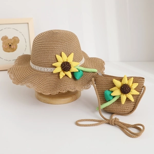 Kids summer straw hat and matching sunflower crossbody bag set with lace details
