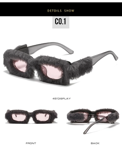 Detailed views of grey plush square sunglasses with pink lenses from multiple angles