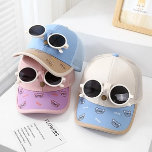 Kinder Mesh Baseballkappe Mit Integrierter Sonnenbrille Atmungsaktive Cartoon Bär Outdoor Hut Für Jungen Mädchen