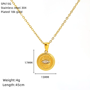 Detail of 18k gold plated 304 stainless steel Evil Eye pendant necklace with dimensions