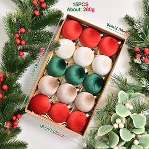 Set of 15 velvet Christmas ball ornaments in mixed colors stored in a rustic gift box