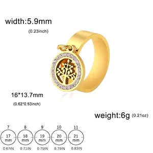 Minimalist titanium steel ring with sparkling zircon and tree charm pendant, luxury style