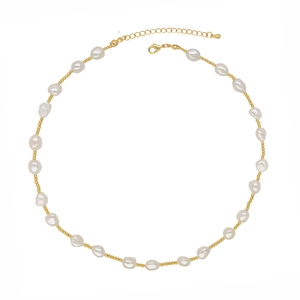 18K gold plated necklace with natural freshwater pearls and lobster clasp on white background