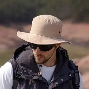 Outdoor beige wide brim sun hat for men featuring quick-dry fabric and adjustable chin strap