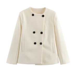 French style double-breasted cream wool coat with round neck and black buttons