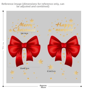 Detailed size specifications for Merry Christmas bows and golden snowflake wall stickers