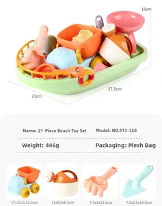 Detailed 21-piece macaron beach toy set with dimension labels for child sand play