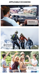 Three-pane view showing sports sunglasses for driving, snow climbing, and pool parties