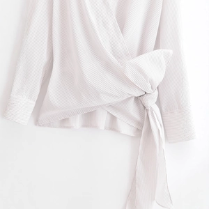 Women's striped wrap shirt with long sleeves, V-neck, and stylish side bow tie waist