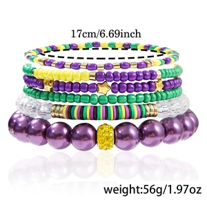 Detail view of colorful Mardi Gras beaded bracelet set with star charm and 17cm circumference