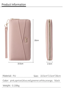 Detailed size guide of the pink long leather wallet showing dimensions and metal logo