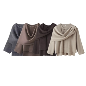 Women Knit Short Jacket Elegant Scarf Collar Shawl Long Sleeve Open Front Solid Color Casual Chic Fall Winter Outerwear