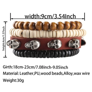 Detailed size chart for multi-layer leather bracelet with wood beads and skull charm