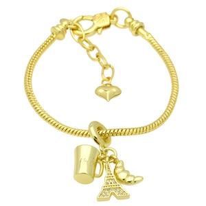 18k gold plated bracelet with Eiffel Tower, coffee cup, and croissant charms on snake chain
