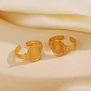 Irregular oval stainless steel ring with grid texture and open parallel band design