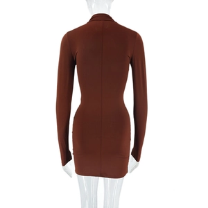 Detailed back view of a slim-fit brown mini dress featuring long sleeves and elastic fabric