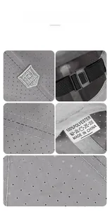 Detailed views of gray quick-dry cap with R embroidery, breathable holes and adjustable strap