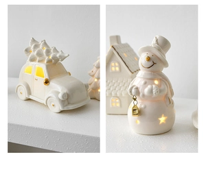 Close-up of glowing ceramic Santa car and snowman figurines with warm LED lights