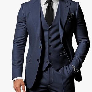 Slim fit three-piece navy blue suit for men including blazer vest and trousers on white background